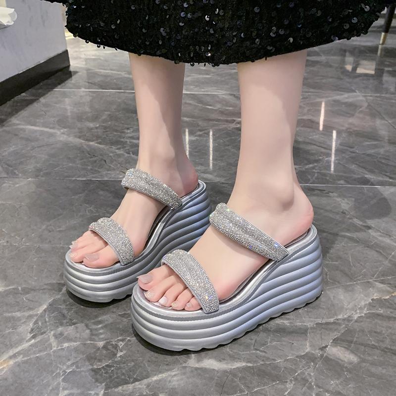 2025New Heeled Sandals Ladies Crystals Platform High Heels Slippers Woman Summer Wedges Shoes Beige Sandalese Femme Confortable