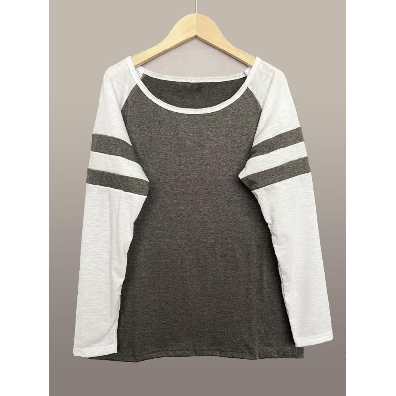 Wiosenna i jesienna bluzka damska moda trójkolorowe paski szwy T-shirt z długimi rękawami wokół szyi blokowanie kolorów topy