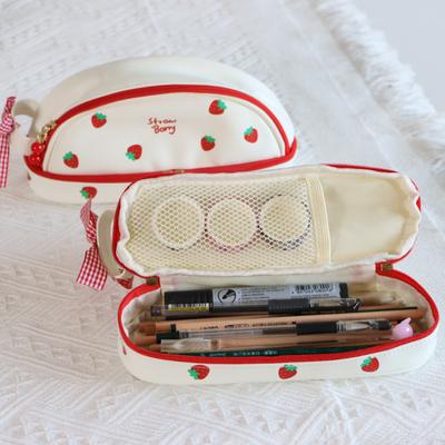 Cute Strawberry Love Pen Bag For Cool Girl Pu Easy To Clean Butterfly Knot Stationery Storage Bag Birthday Gift Pen Bag 1pc