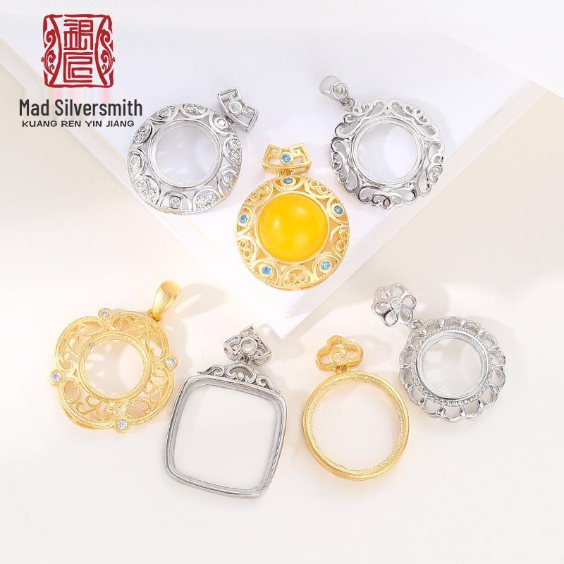 

925 Sterling Silver Sand Gold Pendant Setting for DIY Jasper Hetian Jade, Women s Ancient Craft Blank 925 Sterling Silver