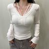 Lace Splicing V-Neck Long-Sleeve Thermal T-Shirt for Women - Autumn/Winter 2025 Fashion Style.