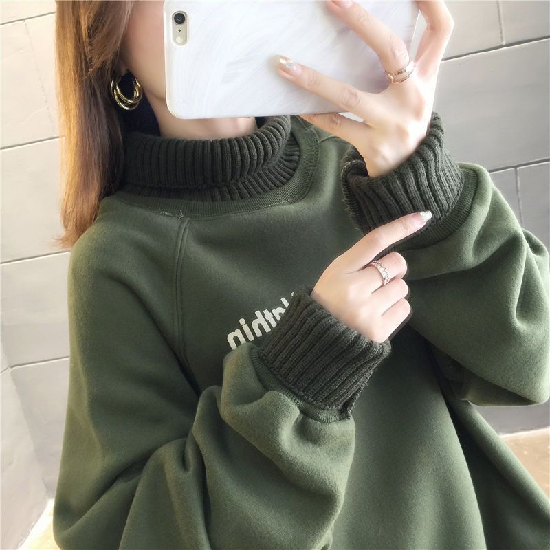 Sweatshirt for Women Padded Thickened Sweatshirt High Neck Loose Fake Two Piece Fleece Casual Pullover Long Sleeve Top Sweatshirt