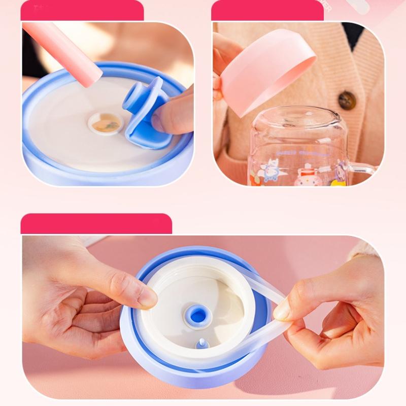 For Sanrio Straw Glass Cup High Borosilicate Glass Coffee Milk Mug Cartoon Juice Oat Cup with Heat-resistant Silicone Cup Sleeve
