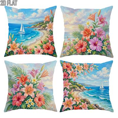 4pcs Tropical Coastal Floral Throw Pillow Covers, Beach Sailboat Oil Painting Style Cushion Cases for Summer Home Decor