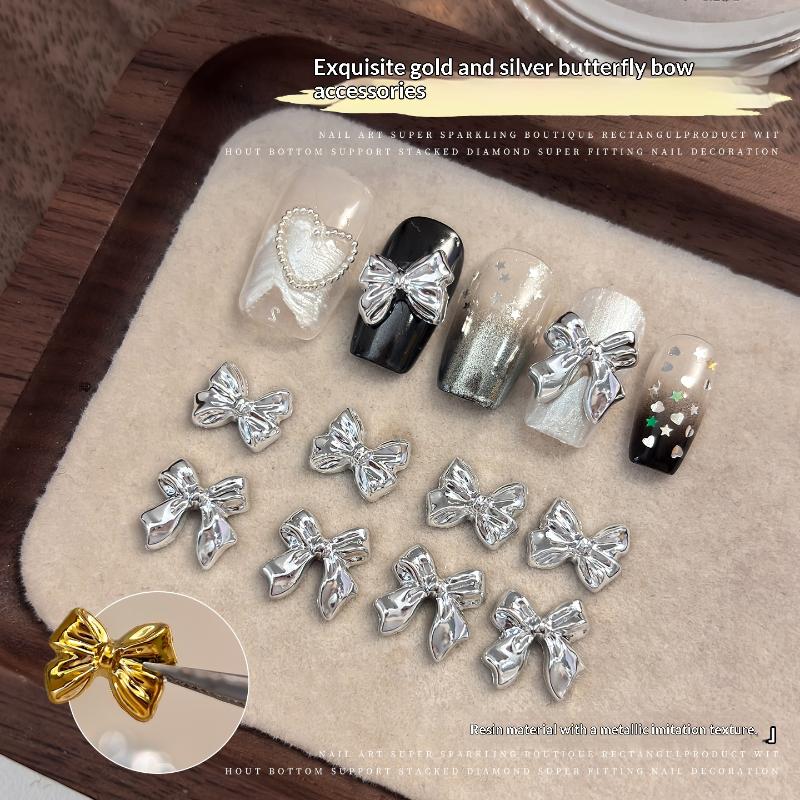 50Pcs Gold Silver Brief French Bow Tie Bowknots Ribbon Resin Nail Art Decorations Manicure Imitation Metal Charms