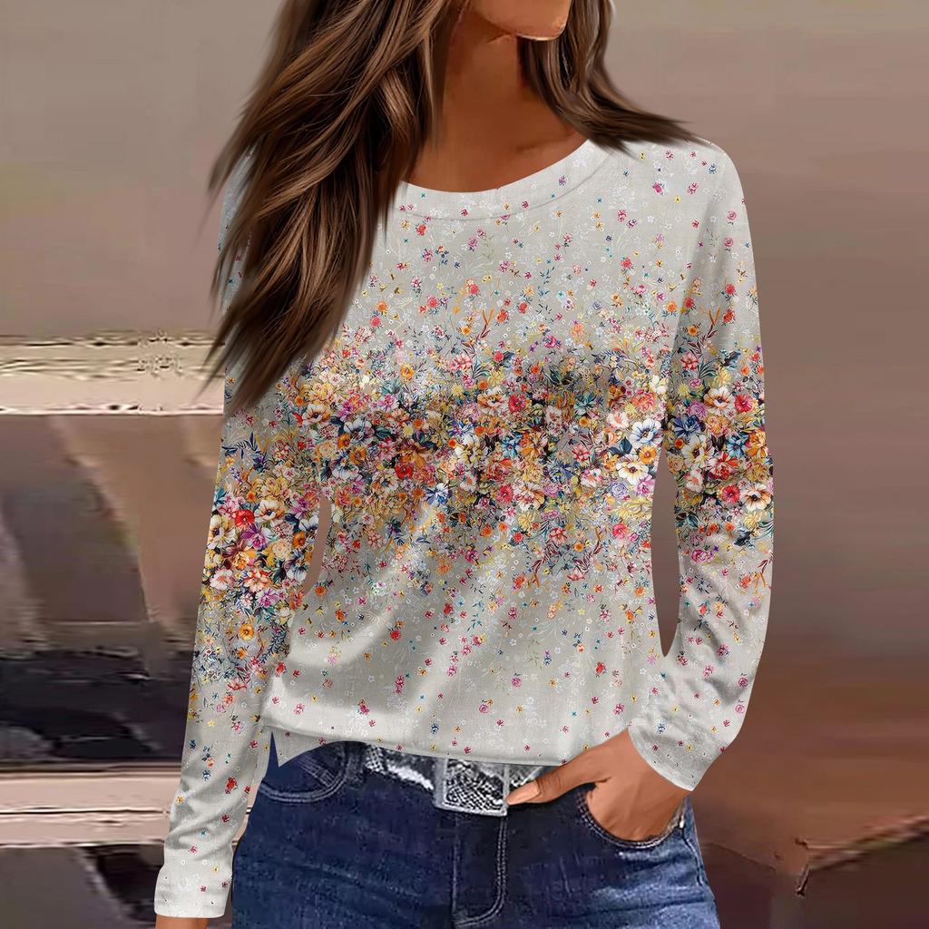 Women's Fashion Casual Slit Hem Round Neck Long Sleeve Loose  Printed T-Shirt Ladies Top