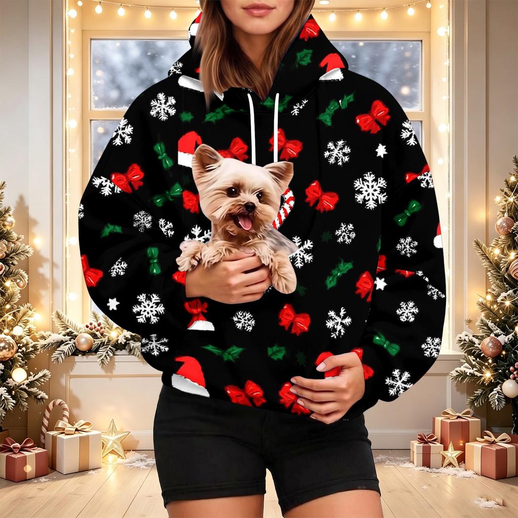 Women's Stylish Christmas Print Hoodie with Pet Pocket, Casual Holiday Pullover for Winter Wear