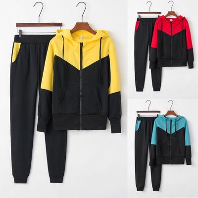 Women Solid Color Hooded Sweatshirt and Pant Tracksuit Sport Suit