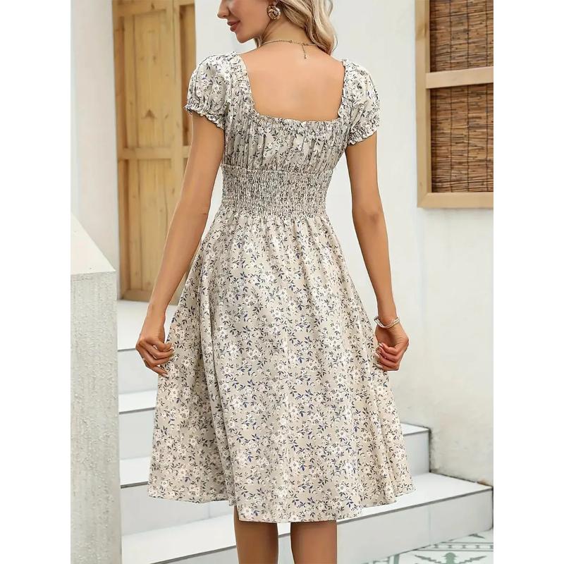 Spring Summer Women Floral Dress French Style Ruffled Sleeves Wrap Waist Boho Beach Sundress Cottagecore