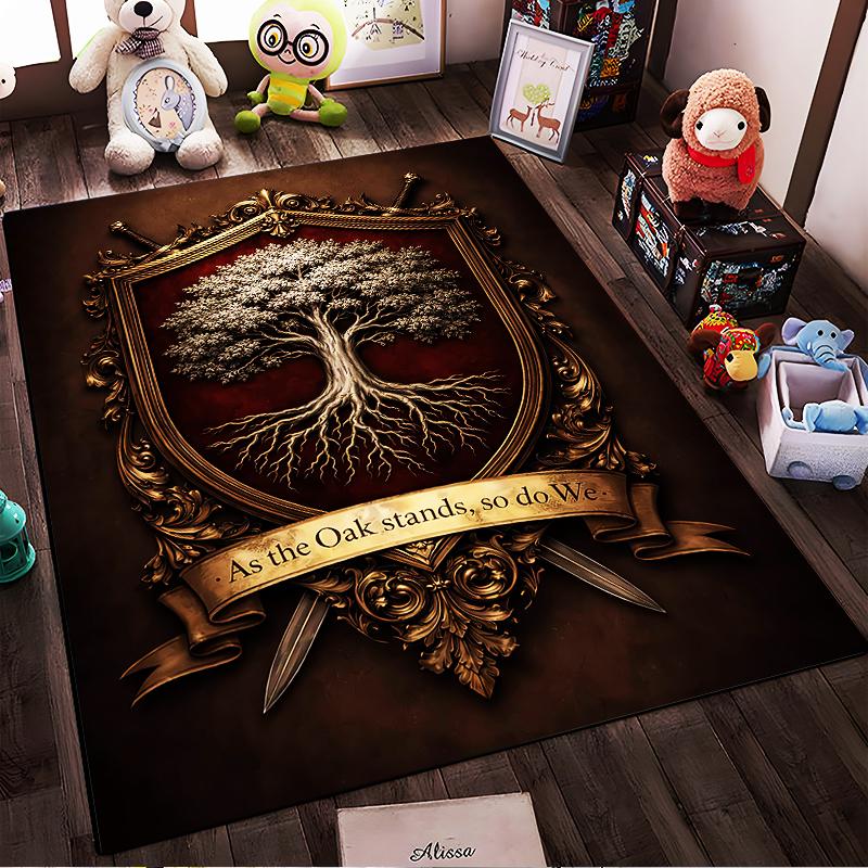 "Tree of Life Crest Print Carpet with Banner 'As the Oak Stands'" Suitable for use as an anti-slip for living room bedroom sofas