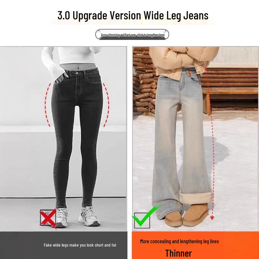 Women's High-Waisted Flared Jeans with Fleece Lining, Winter Collection, Pear-Shaped Fit, Slimming, Small Horse Embroidery, Narrow Flare, Relaxed Fit.