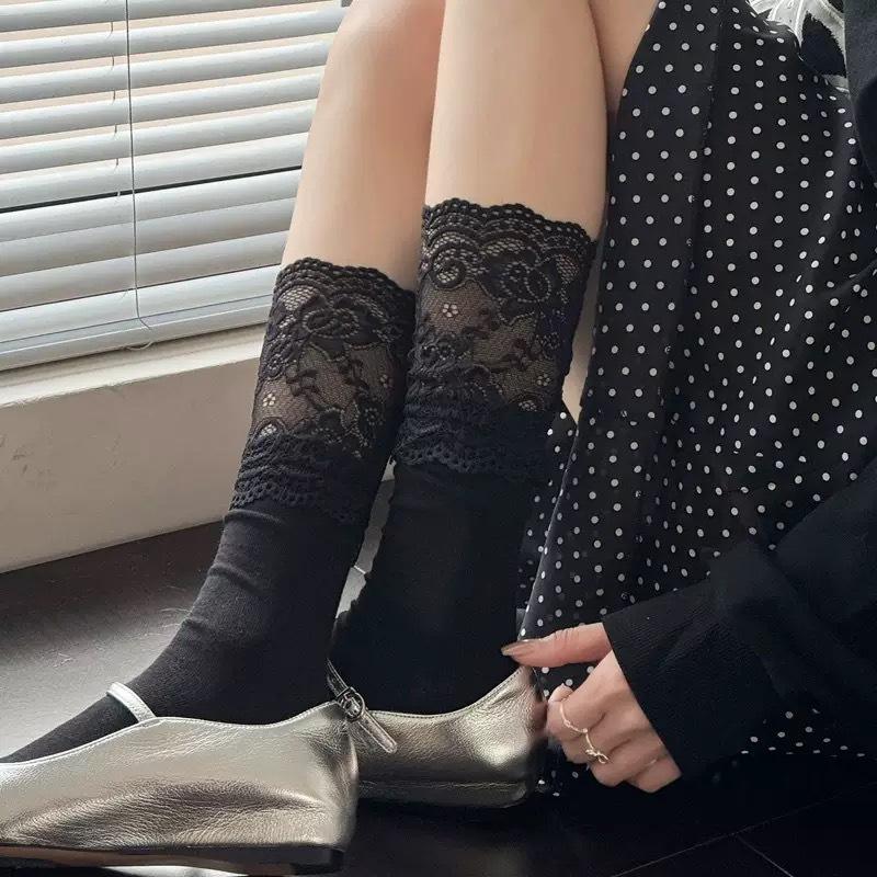 Lolita Weiße Spitze Fransen Socken für Damen, Frühling und Herbst Mid-Calf Socken, Niedliche Frottee-Socken, Reine Baumwolle Lange Wadenstrümpfe