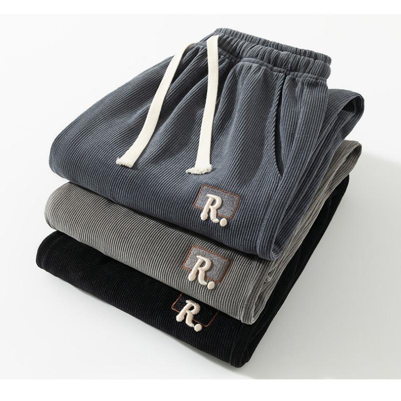 Men's Corduroy Wide Leg Pants Casual Letter Patch Drawstring Waist Streetwear Bottoms