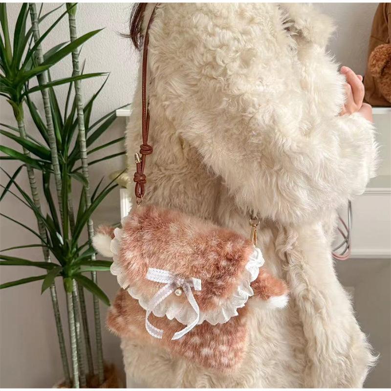 Lolita Plush Handbag Women's Mori Cute Deer Spotted Shoulder Bag Lace Bow Decoration Brown Furry Fluffy Women's Crossbody Bag