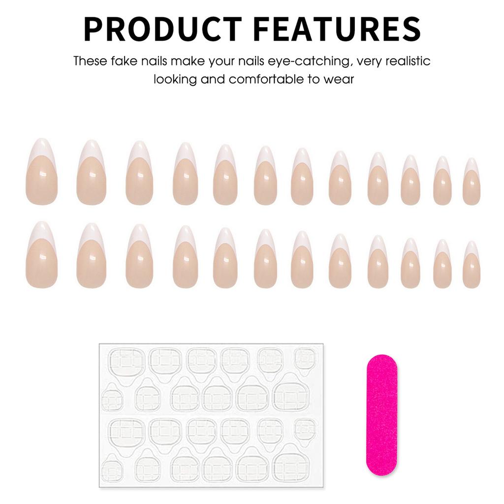 French Style Artificial Nails Beige White 24 Pieces Durable Comfortable For Wedding Party Daily Use