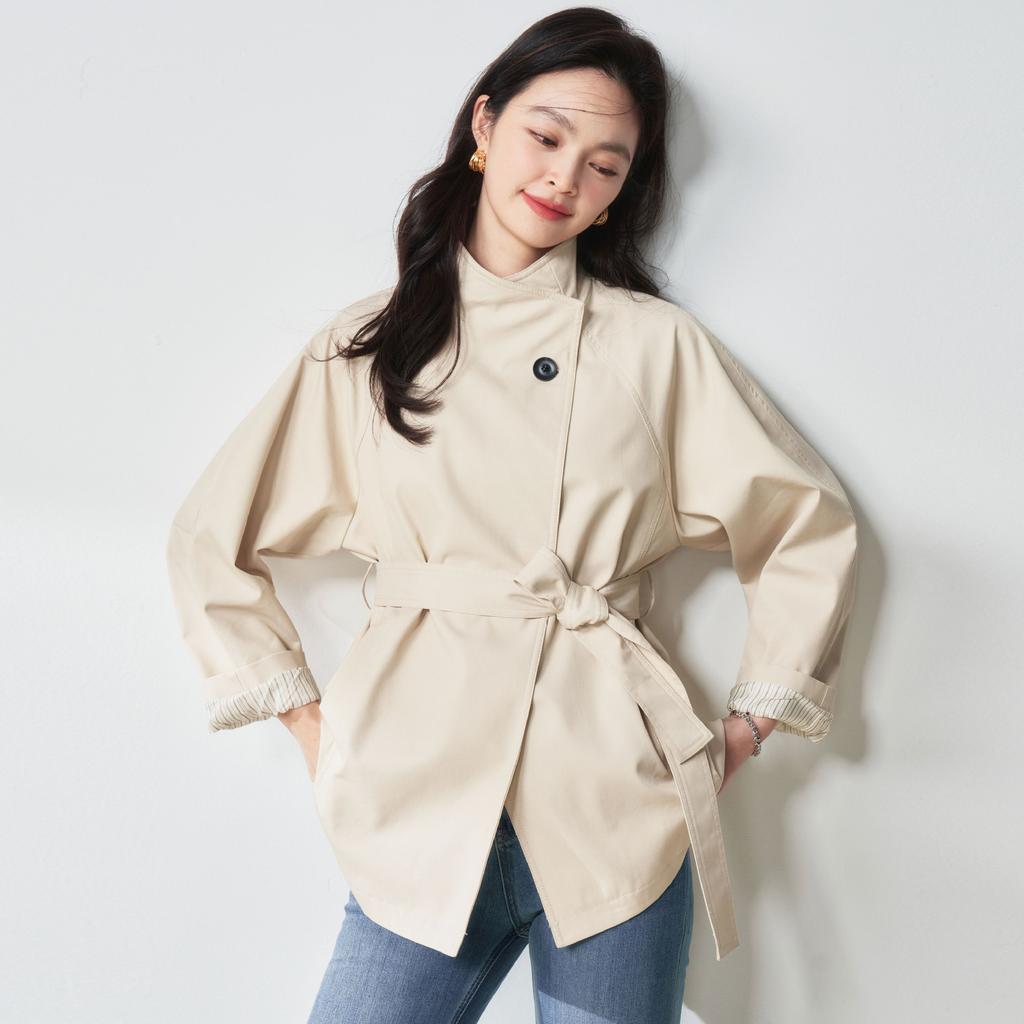 Autumn simple ROW style stand-up collar design sense simple casual commuting style long coat medium and long trench coat 075