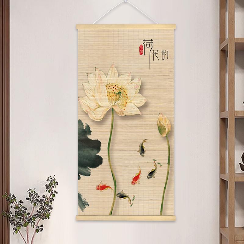 Chinese Style Bamboo Hanging Painting Curtain Roller Lotus Flower Study Zen Tea Background Room Decor 40x80cm/40x100cm