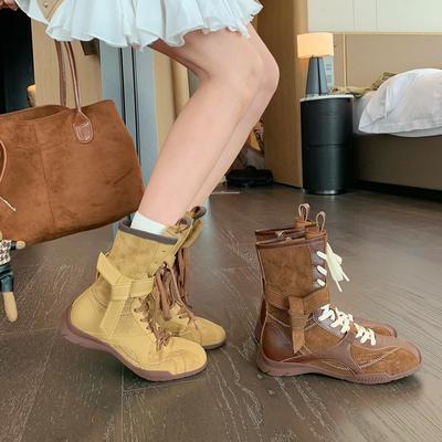 Grape Mother Same Retro Round Head Color Matching Strap Side Zipper Hunting Outfit Dexun Martin Boots Fashionable Versatile Boxing Boots
