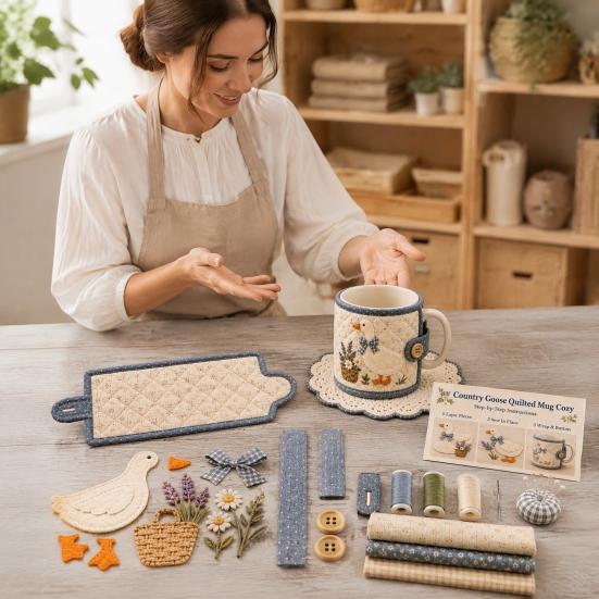 Beginner Sewing Project Farmhouse Friends Mug Cozy Kit, DIY Animal Cup Sleeve Craft, Handmade Christmas Kit with Festive Patterns, Quilting