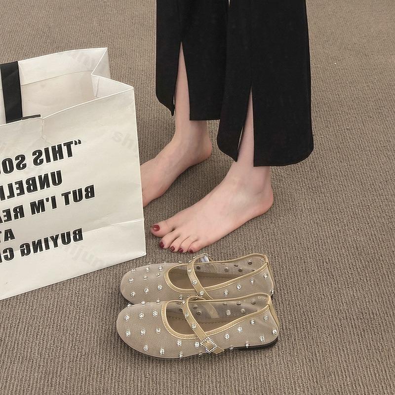 Fashion Summer Women's Flat Shoes Fashion Round Toe Rhinestone Mary Jane Ballet Breathable Elegant 2025 Comfortable Shoes Zapatos Mujer