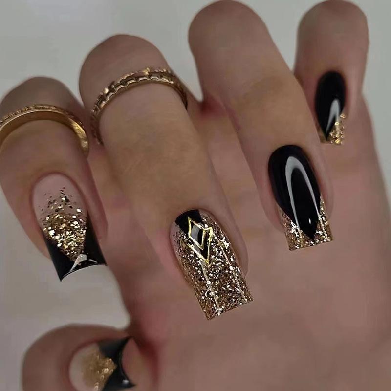 

European Style Black Gold Removable Fake Nails - Mid-Length, Chic & Cool