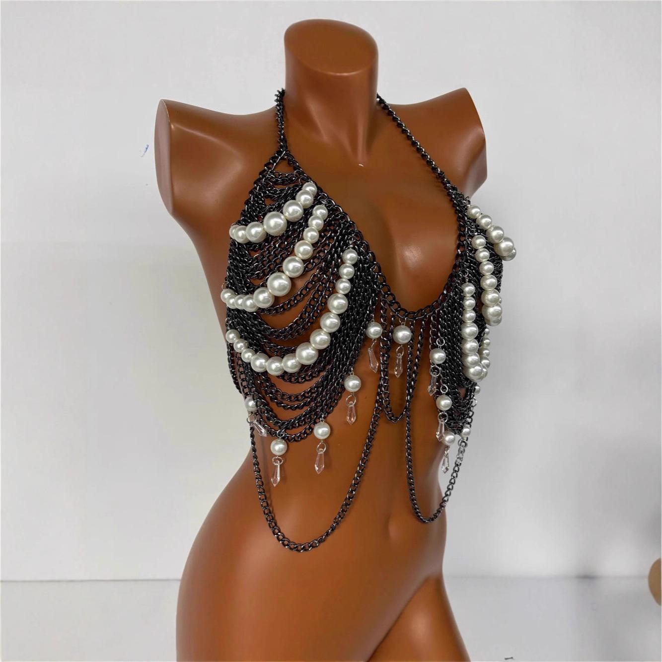 Black Pearl Chain Halter Body Chain Top OneSize чёрный