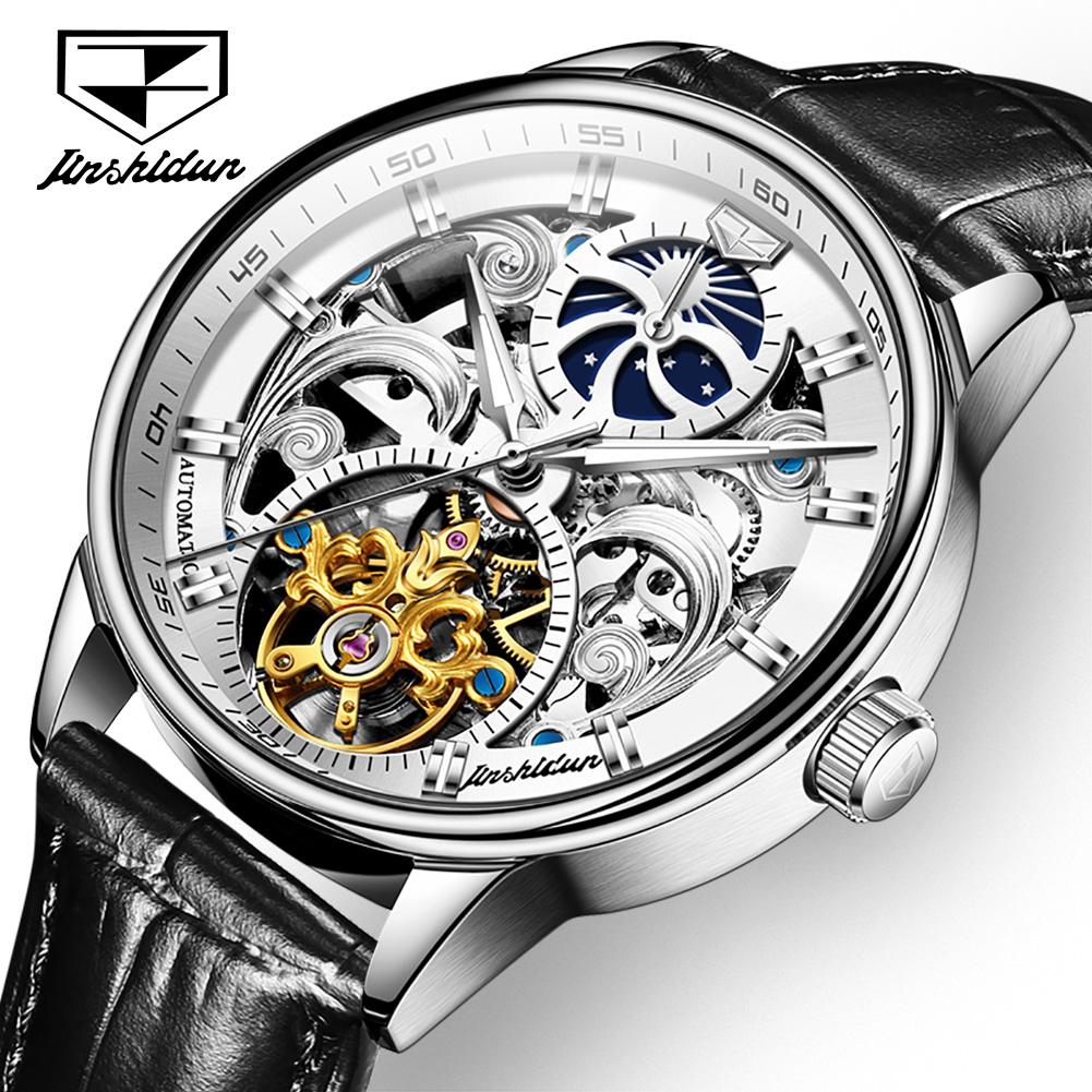 JINSHIDUN Ny forretnings- og fritidsklokke for herremote Hollow Moon Phase Vanntett lysende mekanisk klokke High-end herreklokke