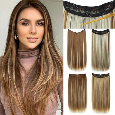Women Fashion Long Straight Brown Mixed Blonde Invisible Hairpiece Synthetic Fiber Natural Straight Daily Wear Extensions