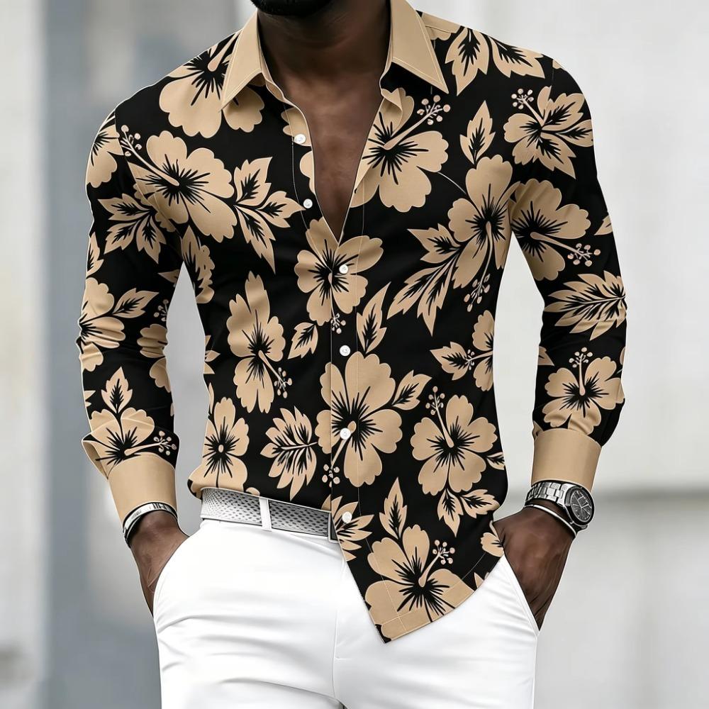 Herren Retro-Blumenprint Langarmhemd mit schwarzem Hintergrund, Hell
