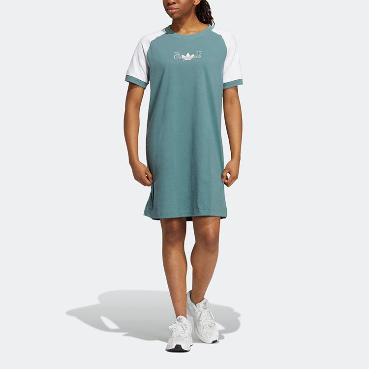 Adidas Originals Color Block Logo Casual Sport Simple Spliced Round Neck Short Sleeve Dress Women dress Dark-Green H49566