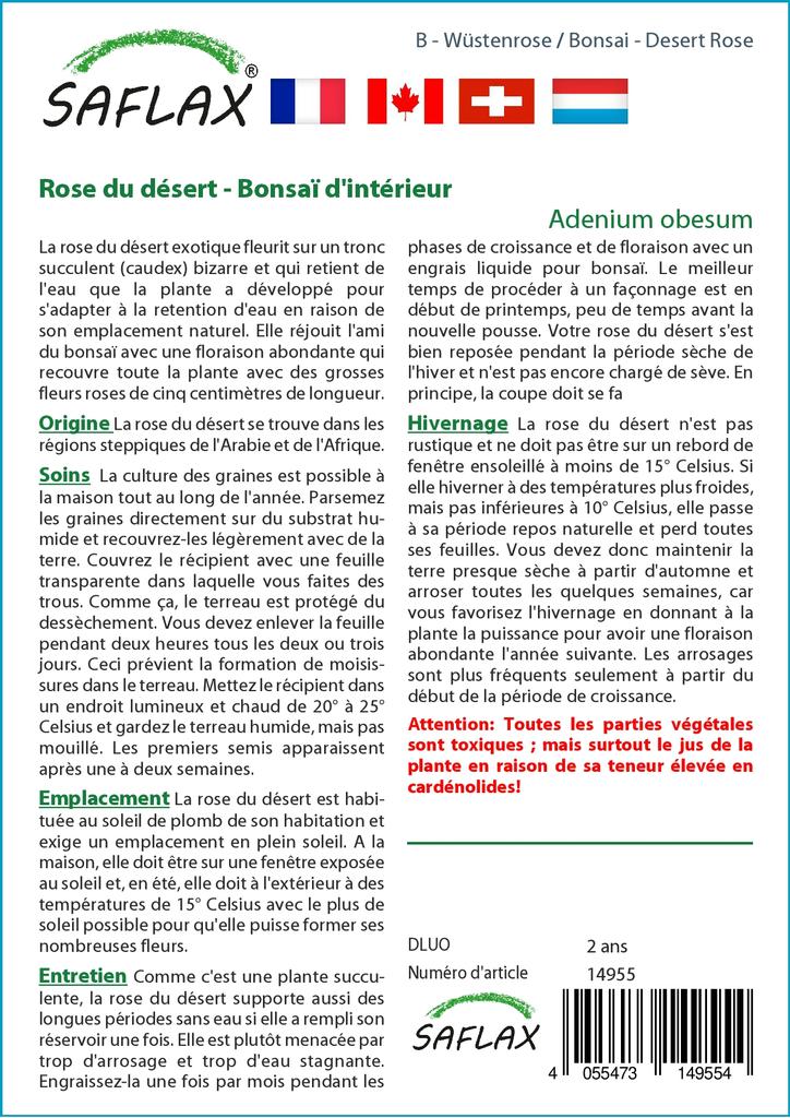 SAFLAX Garden In the Bag - Bonsai - Desert Rose - 8 Seeds - With Substrate In a Fitting Stand Up Bag - Adenium Obesum