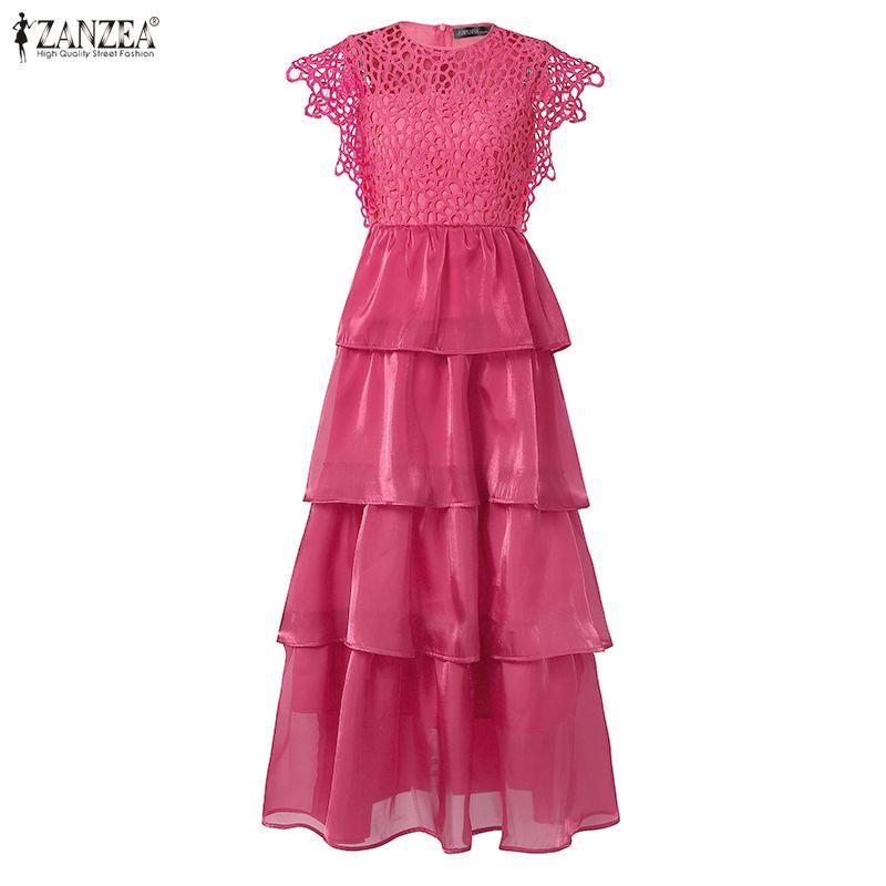 ZANZEA Rochie Casual Elegantă de Damă cu Patchwork din Dantelă, Decolteu Rotund, Fără Mâneci, cu Volane