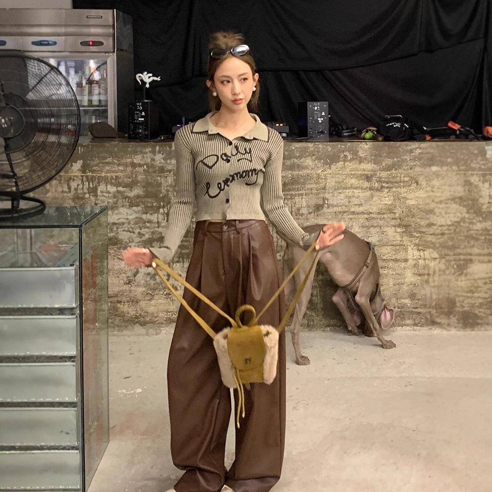 

Женские брюки из ПУ кожи с высокой талией в стиле ретро 2025 - Весенне-осенние повседневные брюки, зауженные, с прямыми штанинами, в корейском стиле XL - Premium коричневый