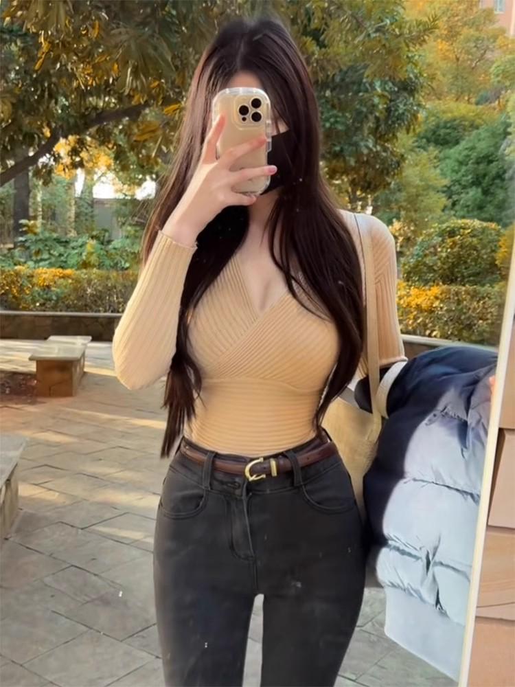 

Женский трикотажный топ в корейском стиле с низким вырезом, рубчатый, с перекрещенным V-образным вырезом One Size абрикосовый