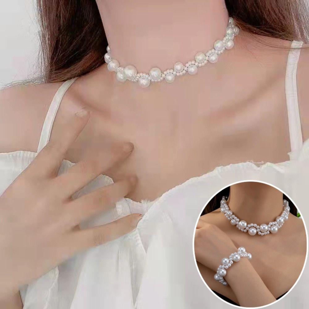 Light Luxury Pearl Necklace Bracelet Set Hand Bangle Women Jewelry Set  Wedding