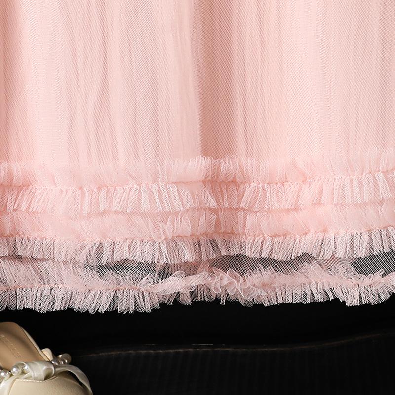 Girls Dress 2025 Autumn Long Sleeve Fashion Bow Sweet Mesh Skirt Princess Pink Dress for Children