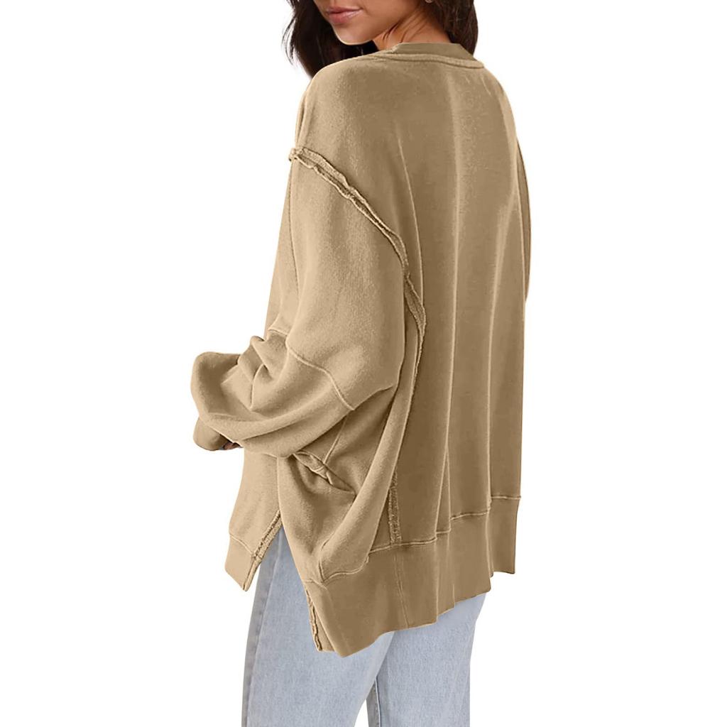Sweatshirts For Women Oversized Long Sleeve Drop Shoulder Casual CrewNeck Split Hem Pullover Sweatshirts Tops