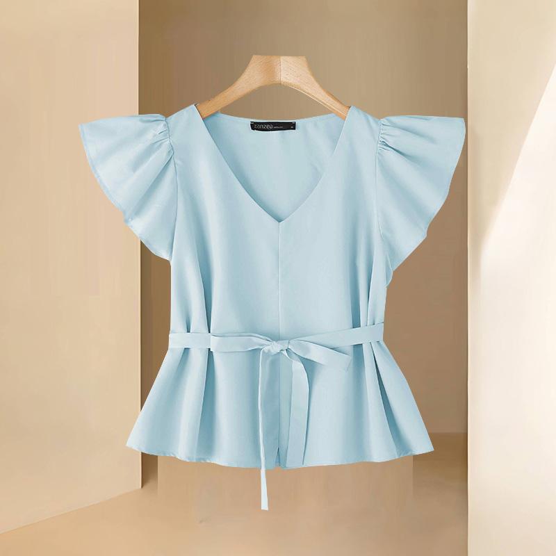 

ZANZEA Женская повседневная блузка с V-образным вырезом, коротким рукавом и свободного кроя для лета 5XL синий