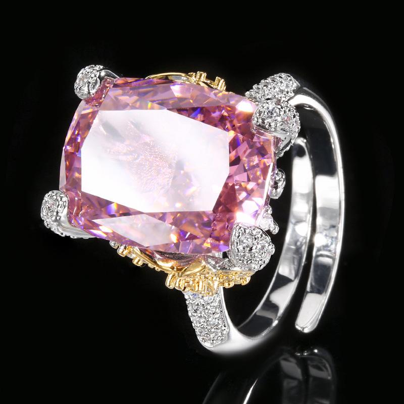 Schmuck Kupferboden Vergoldet Hochkohlenstoff Diamant Eisblume Quadratischer Diamant Temperament Leichter Luxus Retro Ring Weiblich 12 * 16
