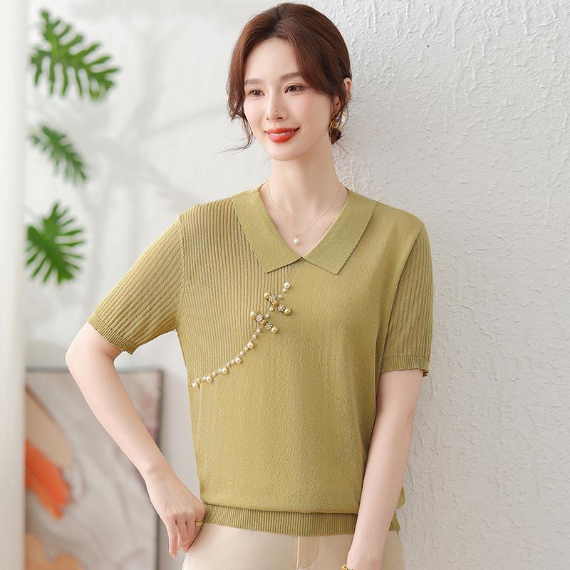 

Mom s Elegant Ice Silk Lapel T-Shirt - Short-Sleeved Knit for Middle-Aged Women XL (recommended 100-110 lbs)