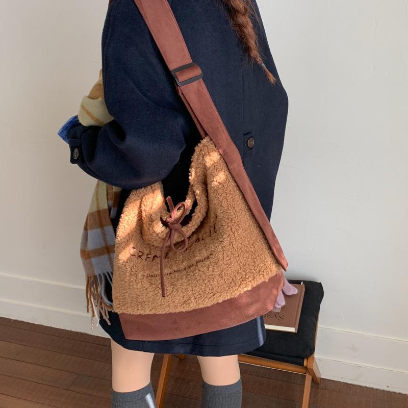 Fashion Faux Suede Women's Plush Shoulder Bags Winter Letter Female Large Crossbody Bag Double Sided Casual Tote Travel Handbags