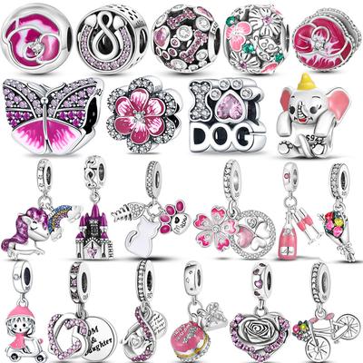 Pink Enamel Infinity Love Heart Dog Paw Cat Dangle Charm Silver Color Beads Fit for Charmhub Bracelet Original Jewelry