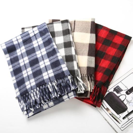 Women Winter Scarf Plaid Print Lightweight Soft Warm Scarf With Tassel Trim