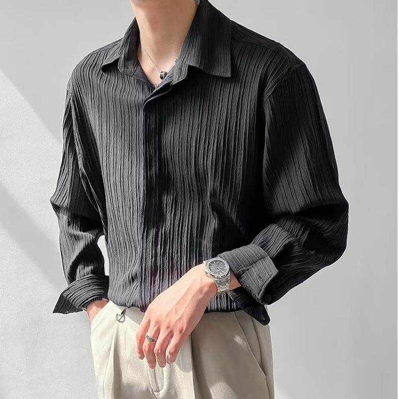 Textured Top, Korean Style Loose Casual Long-Sleeved Shirt, Men's Trendy and Handsome Striped No-Iron Shirt for Autumn