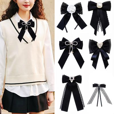 Damen Vintage Kristall Perlen Band Schleife Brosche Anstecker Studenten Uniform Hemd Jabot Kragen Vorgebundene Schleife Krawattenclip