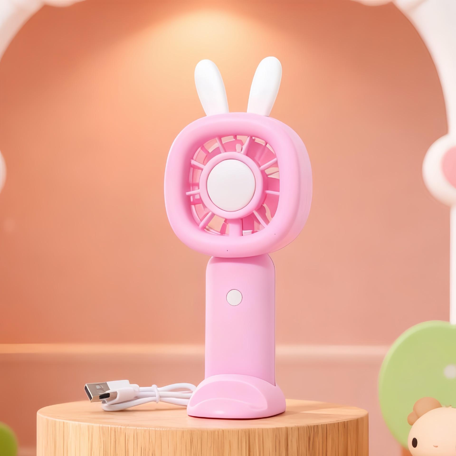 New Cute and Adorable Bunny Handheld Portable Mini Fan with Base and Desktop Mini Charging Fan Little Rabbit