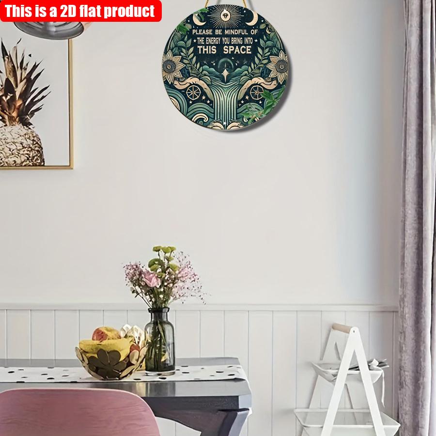 2D Flat 20*20cm1pc Please Be Mindful of the Engrgy You Bring Into This Space Wooden Decoration, Antique Floral &Moon Design Bar, Cafe Bedroom Backyard