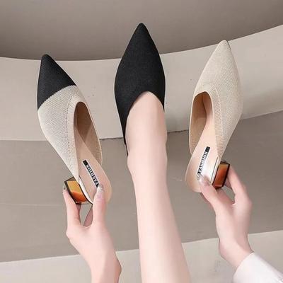 Baotou Halbschuhe Damen Frühling und Sommer Neue spitze Zehen Atmungsaktive Lazy Mid-Heel Sandalen