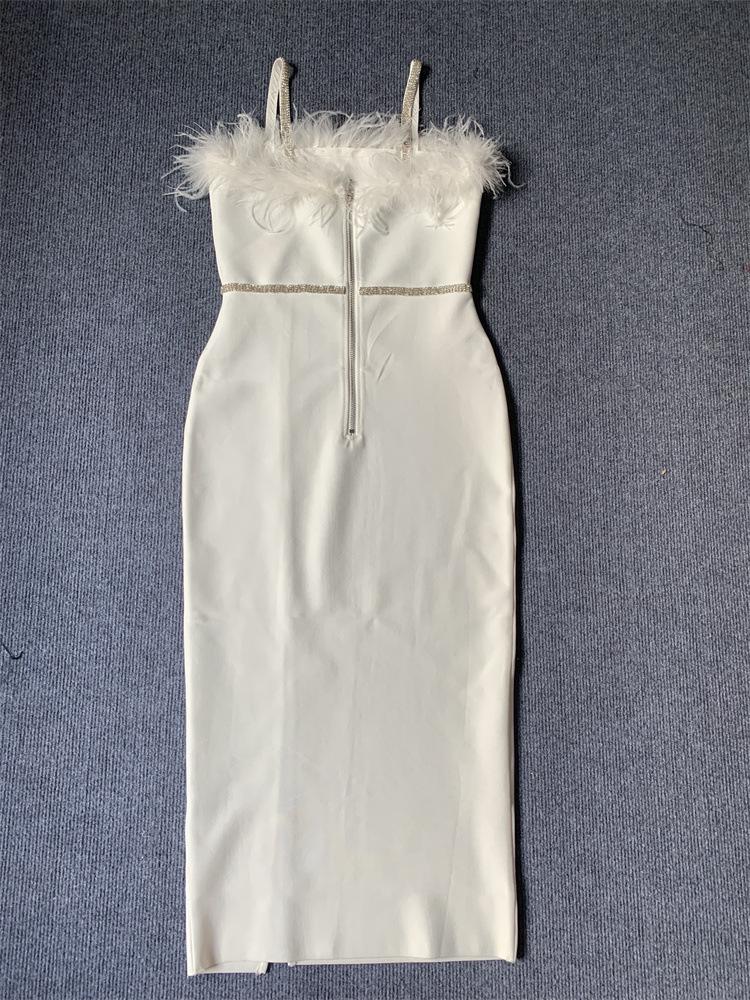 "European & American Women's Sexy Celebrity Feather Slit Bandage Midi Dress with Diamonds"