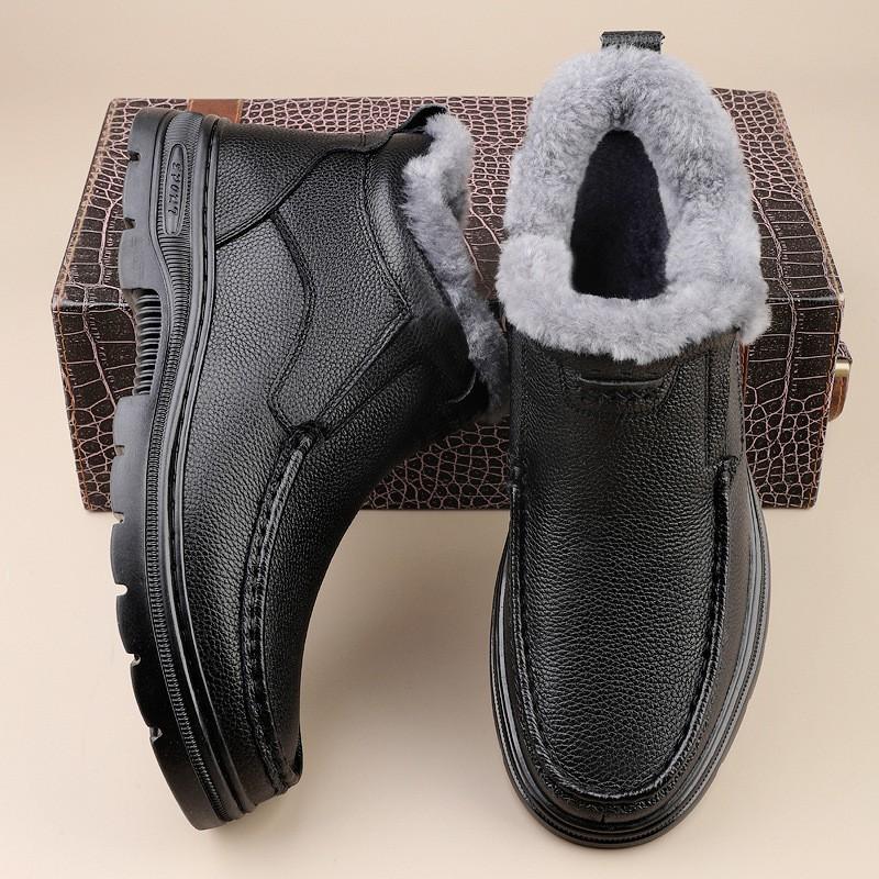 Mens Warm Lined Leather Martin Boots Winter Casual High Top Shoes With Wool Lining Round Toe